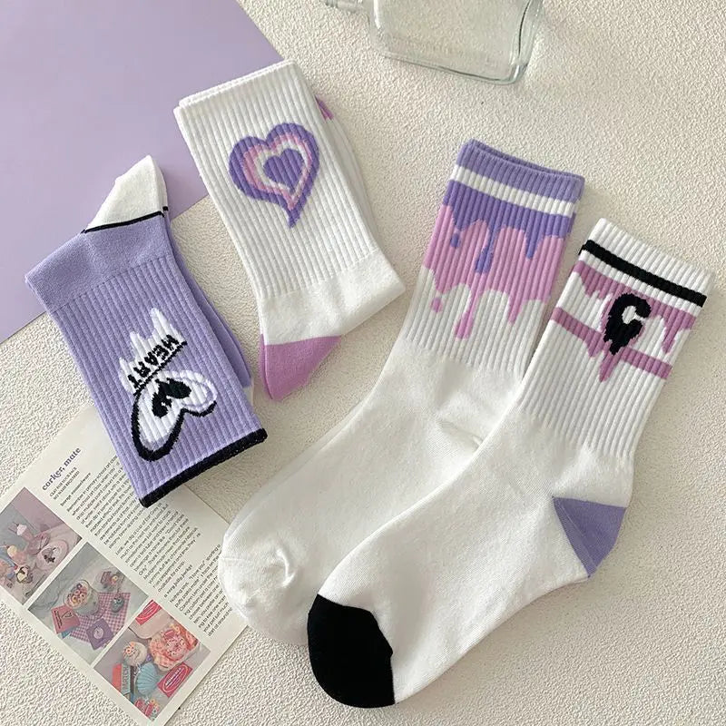 Kawaii Love Print Socks Purple Women Socks Female High Beauty In Spring Summer Fried Street Middle Tube Socks Harajuku Medias