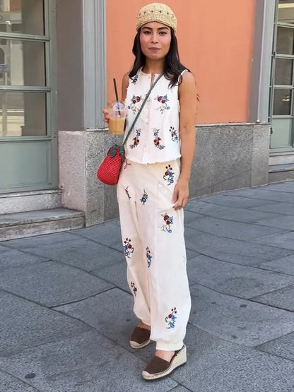 Casual Print Vest Pants Suit Women Loose Sleeveless Single Breasted O-neck Top Wide Leg Trousers Set Female 2026 Autumn Set Lady