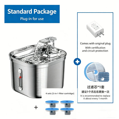 Cat Water Fountain 2.2L 304 Stainless Steel Three Gears Adjustable Inside Filters Silent Water Pump for Pet to Drink Water