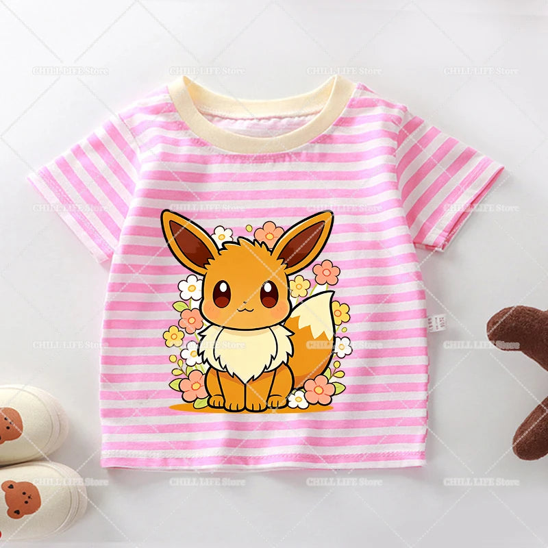 Cartoon Pokemon Stripe T Shirt Cute Pikachu Eevee Bulbasaur Baby Boy Girl Summer Tops Kawaii Toddler Short Sleeve Tee Shirts