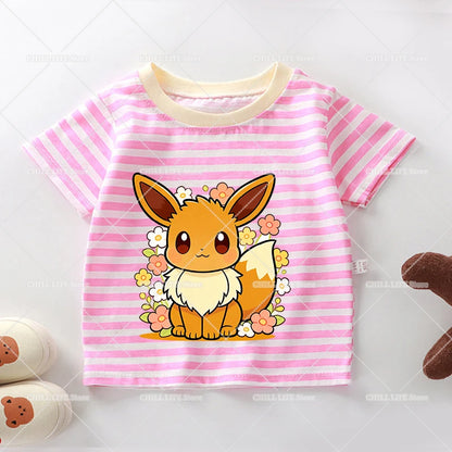 Cartoon Pokemon Stripe T Shirt Cute Pikachu Eevee Bulbasaur Baby Boy Girl Summer Tops Kawaii Toddler Short Sleeve Tee Shirts