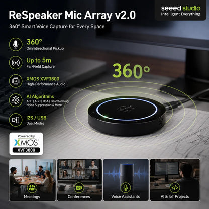 Seeed Studio ReSpeaker Mic Array 4-Mic Circular Array XMOS XVF3800 360° Far-Field Voice Pickup 5m I2S USB AI Audio with Case