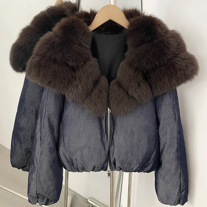 OFTBUY Winter Voluminous Fox Fur Collar Coat Women Zipper Duck Down Jacket Female Relaxed Short Down Coat Warm Outerwear