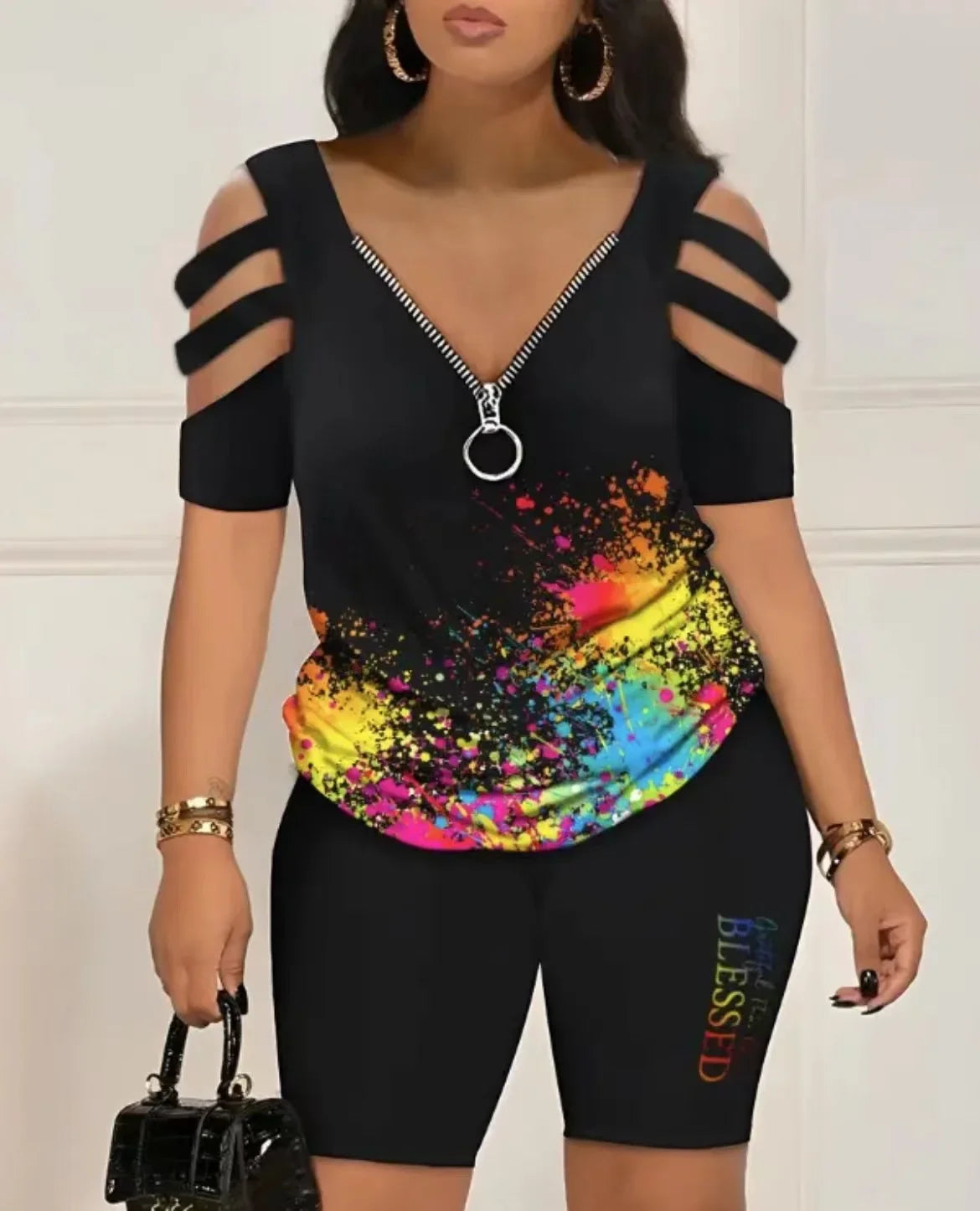 Cold Shoulder T Shirt Shorts Set Women 2 Piece Set Zipper V Neck Womens Short Pants Set Casual Femme Top Set Summer Suit