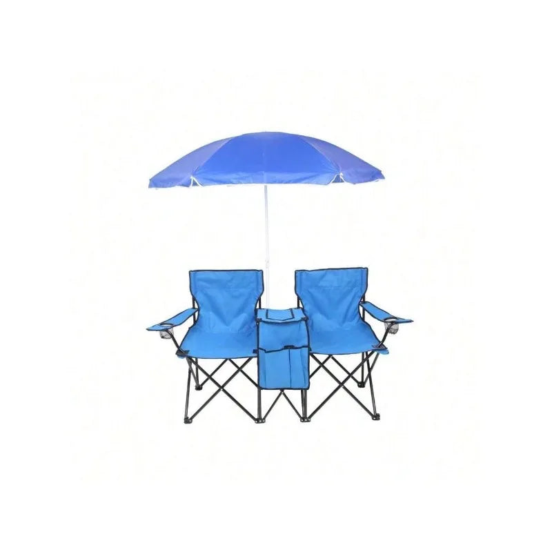Portable Outdoor 2-Seat Folding Chair With Removable Sun Umbrella Blue, Camping Chair, Beach Essentials