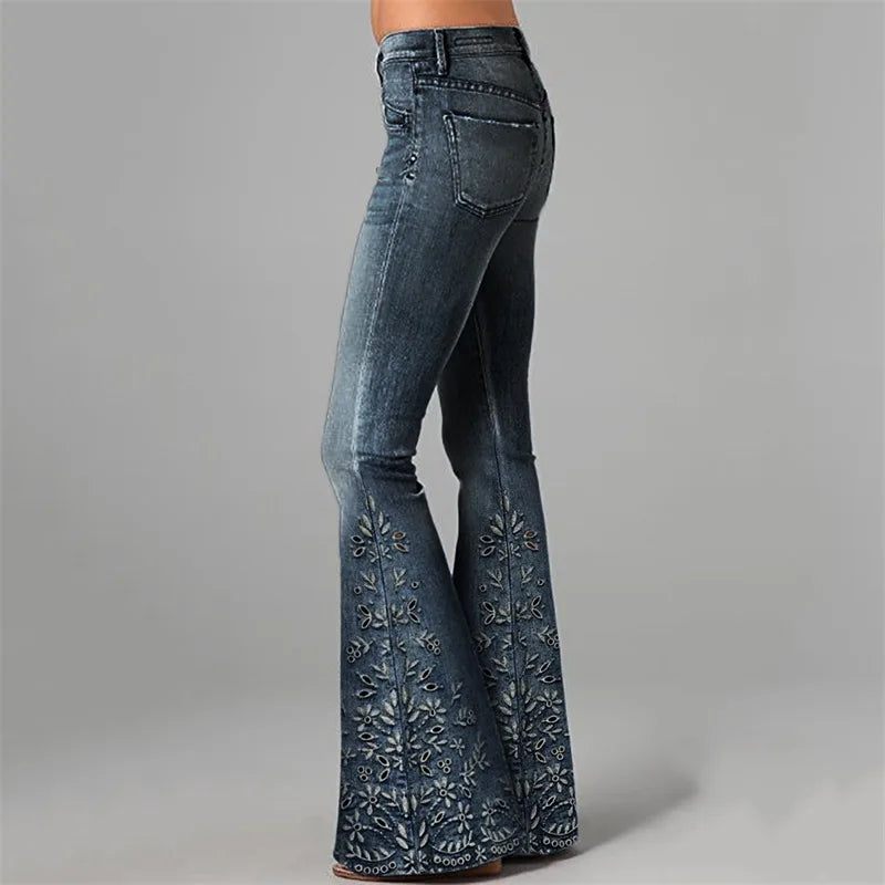 New 3D Digital Print Women's Flare Jeans High Waist Slim Fit Stretchy Denim Bell Bottom Pants Casual Trendy Daily Wear