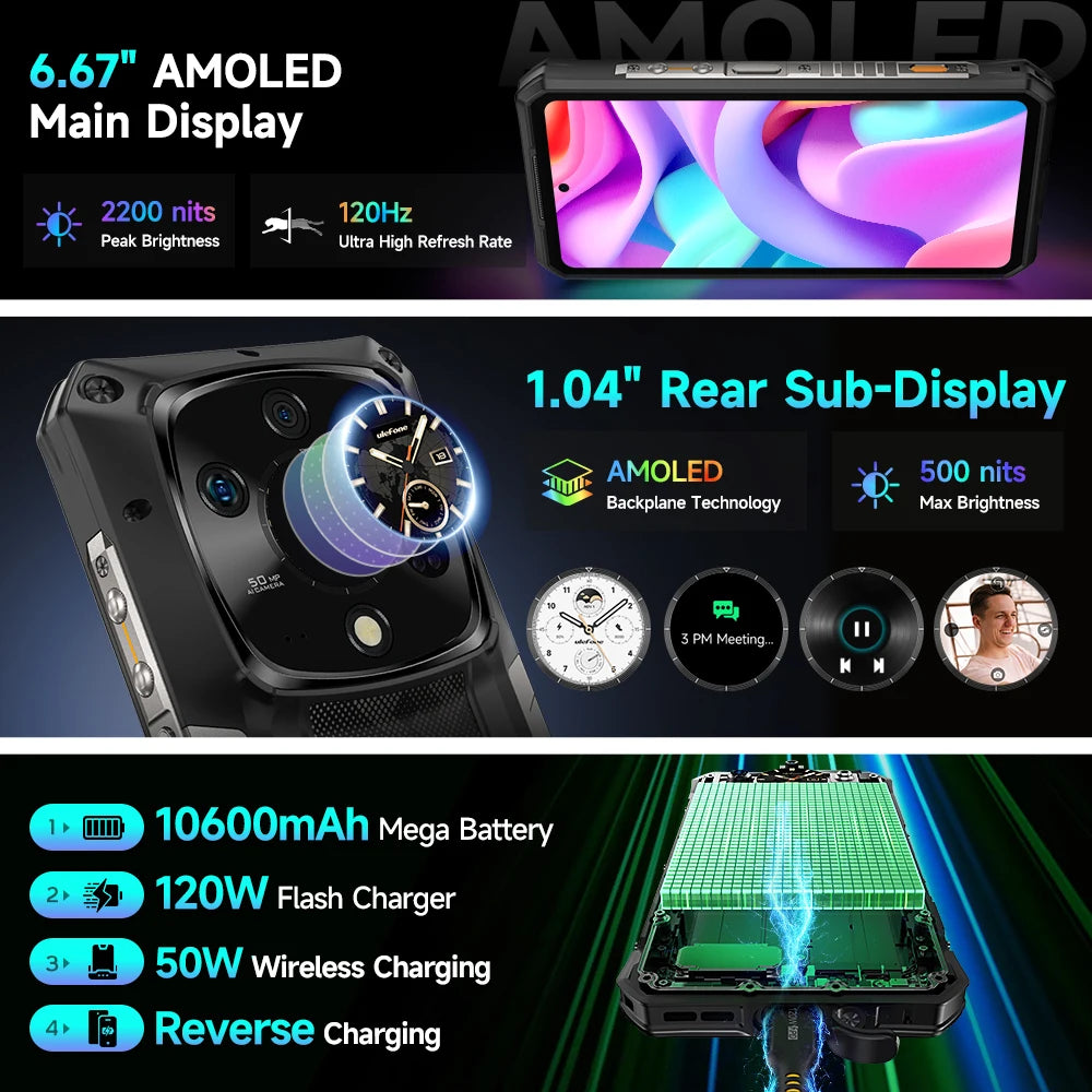 Ulefone Armor 28 Pro 5G AI Rugged Phone 512GB ROM Smartphone 120W MTK Dimensity 7300 10600mAh 6.67”AMOLED 64MP Mobile Phone