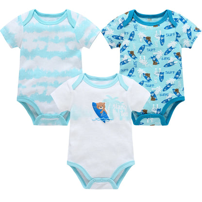 New Baby Boy Clothes Summer 100%Cotton Blue Grey Tie Print Three Piece Short Sleeve Bodysuit Pants Vetements Bebe For 0-12M