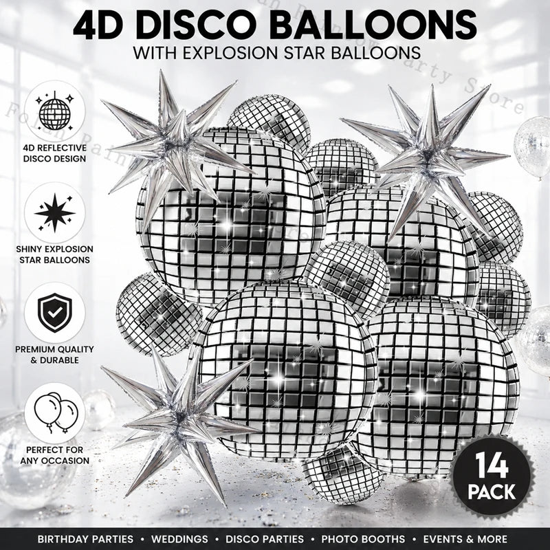 10/22inch 4D Silver Disco Ball Explosion Star Balloon Metallic Disco Balloon Set for Disco Party Wedding Birthday Party Decor