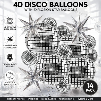 10/22inch 4D Silver Disco Ball Explosion Star Balloon Metallic Disco Balloon Set for Disco Party Wedding Birthday Party Decor