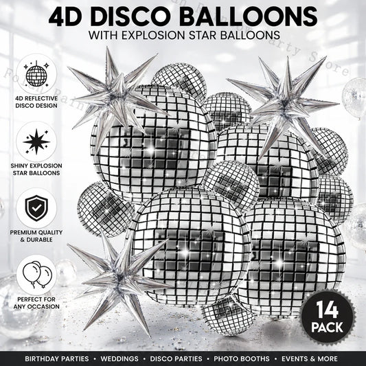 10/22inch 4D Silver Disco Ball Explosion Star Balloon Metallic Disco Balloon Set for Disco Party Wedding Birthday Party