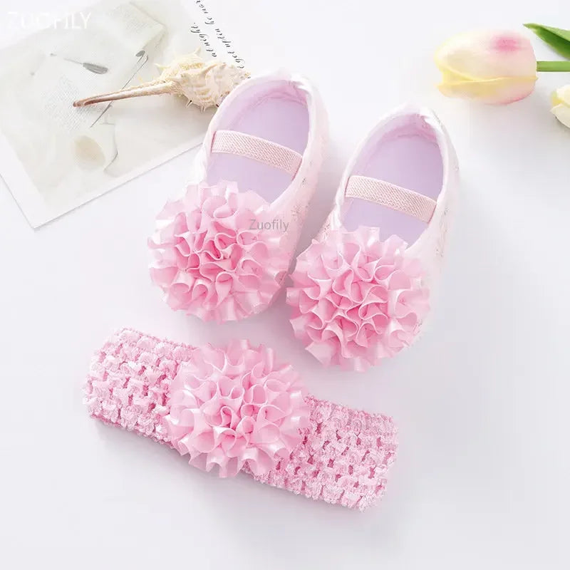 Spring Infant Baby Girl Shoes Newborn Lace Flowers Headband Anti-Slip Soft Sole First Walkers Toddler Kids Cotton Baptism Shoes