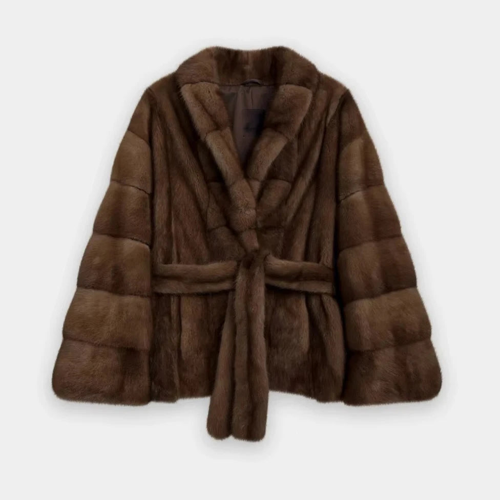 IG 2026 Women Stand Collar Belted Waist Faux Mink Fur Jacket Loose Long Sleeve Luxury Elegant Winter Party Daily Outer Coat