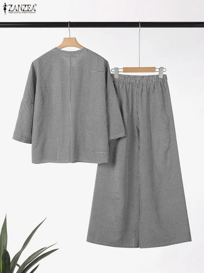 Women Pants Sets ZANZEA Fashion Summer 2 Piece Sets Plaid Outfits Casual Half Sleeve Blouse Wide Leg Trousers Street Tracksuit