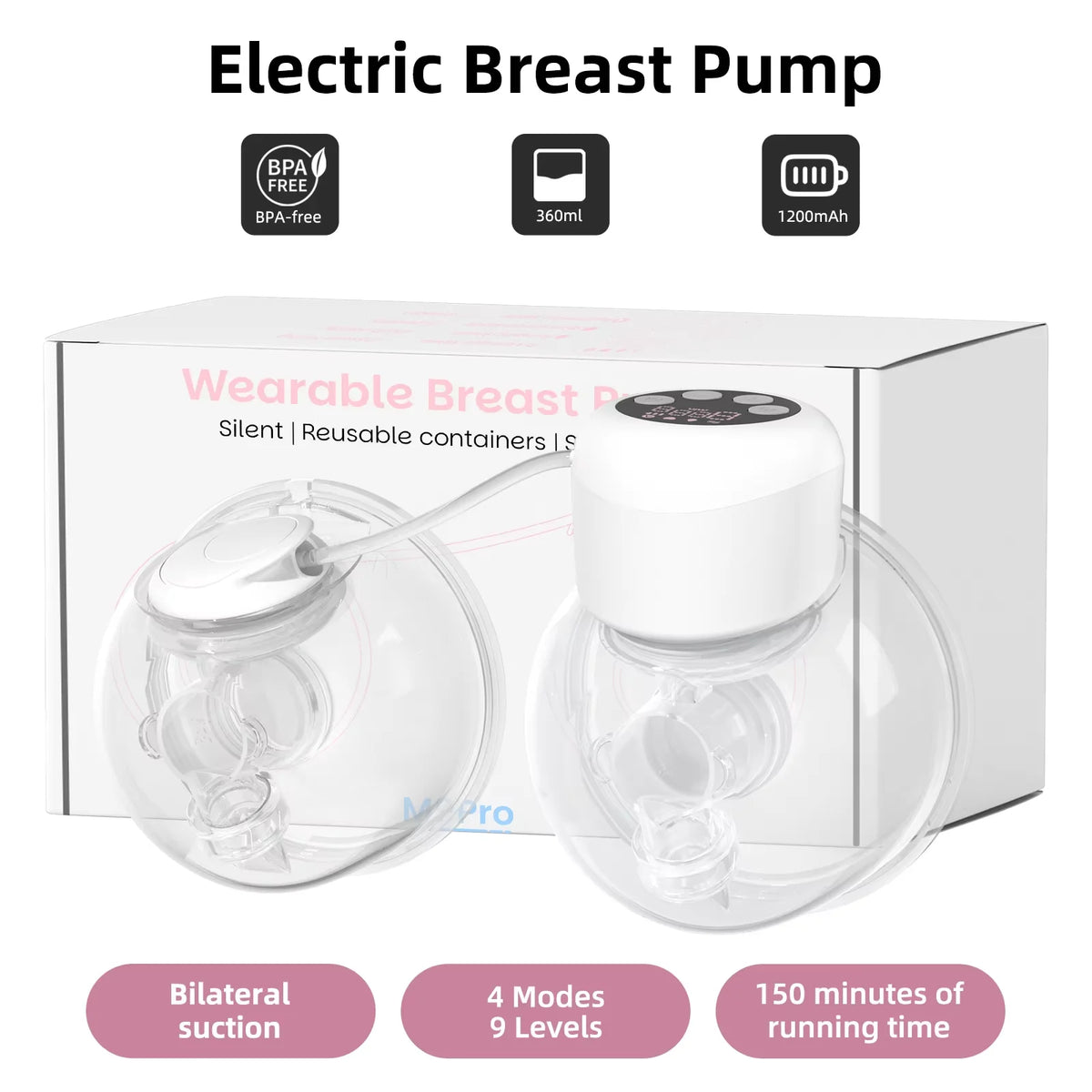 2-in-1 Wearable Breast Pump Hands Free Electric Breast Pumps Comfort Milk Collector W/ LCD Display 4 Modes & 9 Level,300mmHg MAX
