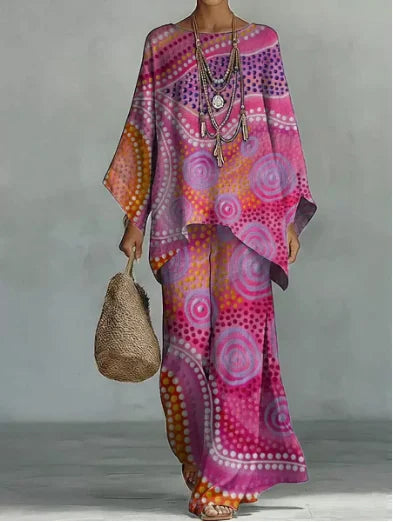Boho Two Piece Set Summer Women's Loose Patchwork Wide Leg Pants Set Fashion O Neck Pullover Top 2-piece Set Outfit Streetwear