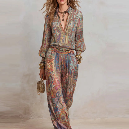 Boho Paisley Print Two-Piece Set for Women Sexy V-Neck Long Sleeve Blouse Top & Wide Leg Pants Casual Loose Suit for Vacation