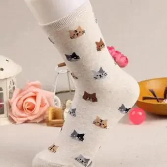 Cute Cartoon Cat Print Women Socks Sweet Cute Japanese Style Kawaii Long Socks Casual Harajuku Streetwear Cotton Soft Crew Socks
