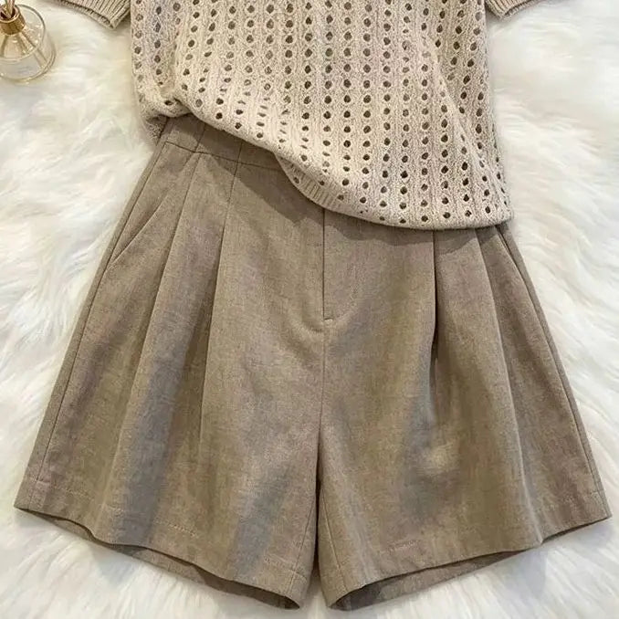 Elegant Casual 2 Piece Set 2026 Women Crochet Knit V Neck Button Short Sleeve Top High Waist Tailored Shorts Daily Summer Outfit