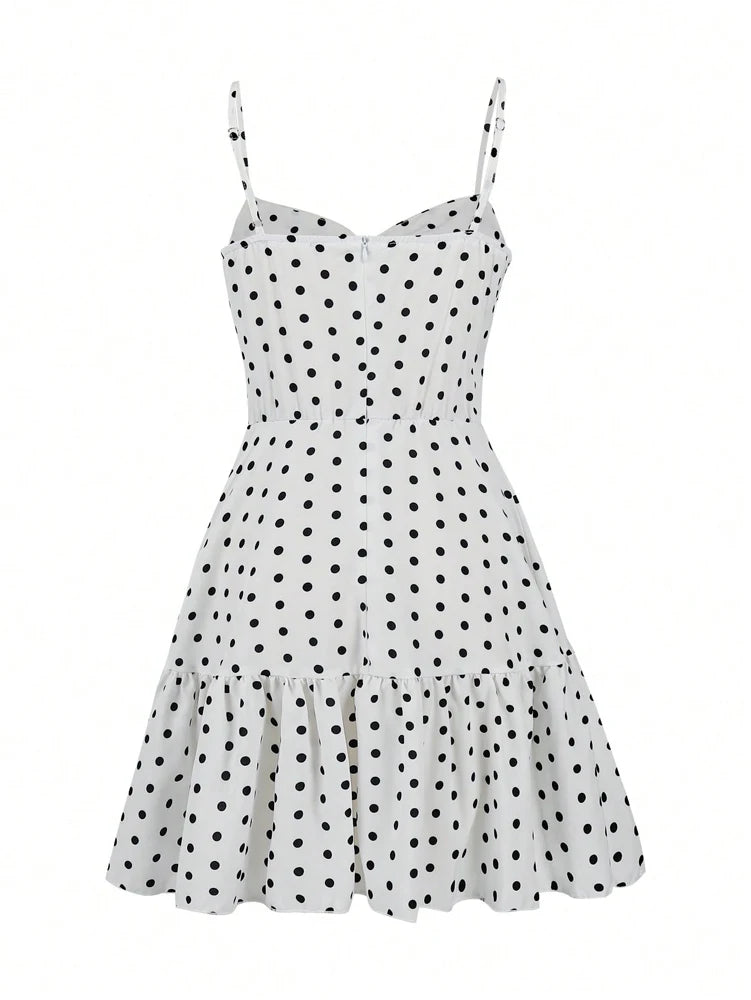 2026 Summer New Women's Polka Dot Mini Dress, Sexy Spaghetti Strap Ruffle Hem Cami Dress, Vacation Beach Party Dress