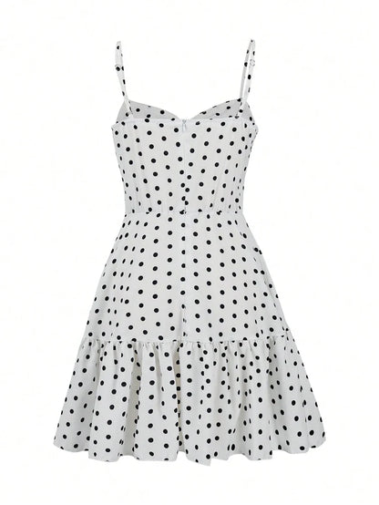 2026 Summer New Women's Polka Dot Mini Dress, Sexy Spaghetti Strap Ruffle Hem Cami Dress, Vacation Beach Party Dress