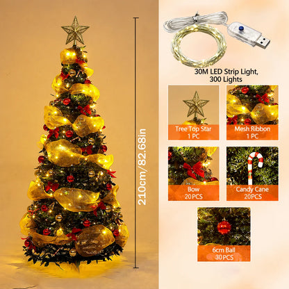 Foldable PVC Christmas Tree 1.5/1.8/2.1M with DIY Ornaments & USB Remote LED String Lights, Retractable Xmas Tree for Home Holid