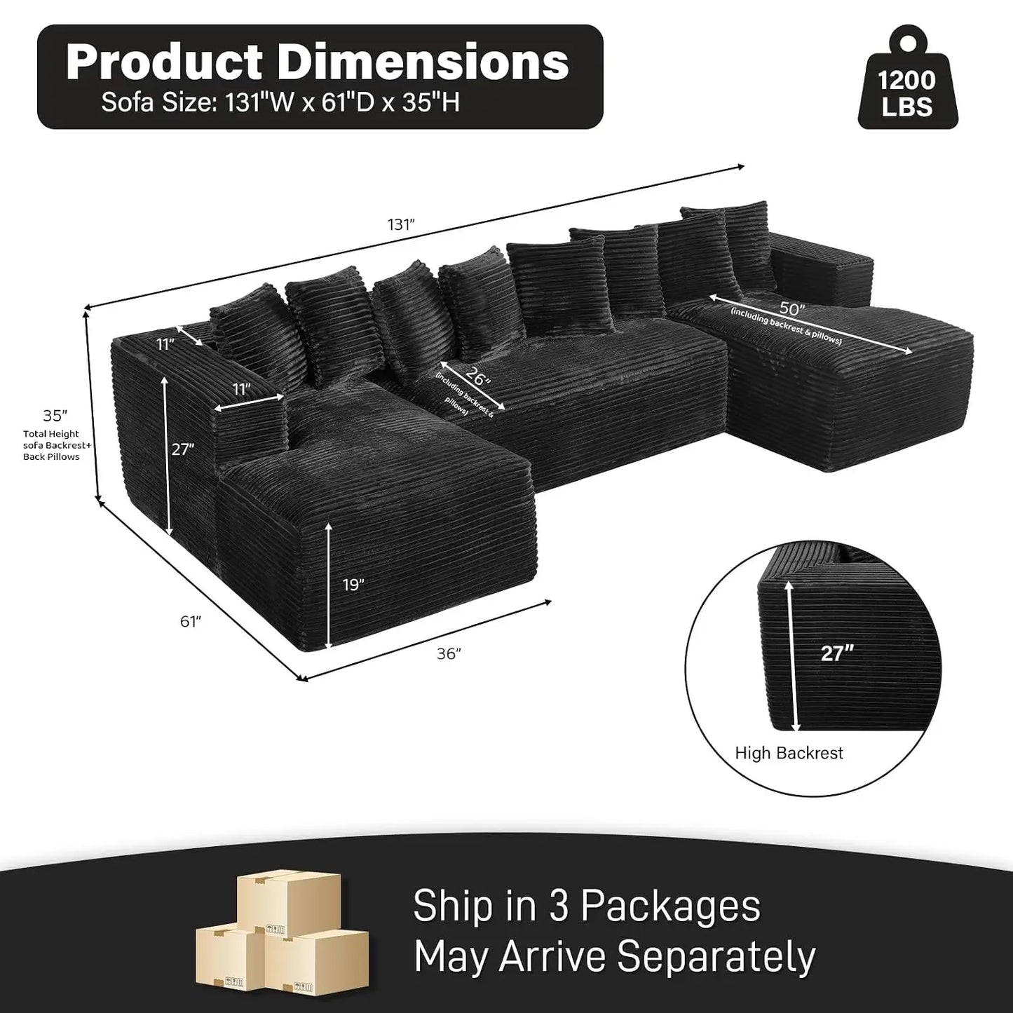 131" Oversized Cloud Boneless Couch Sofa with Chaise, Black, Custom
