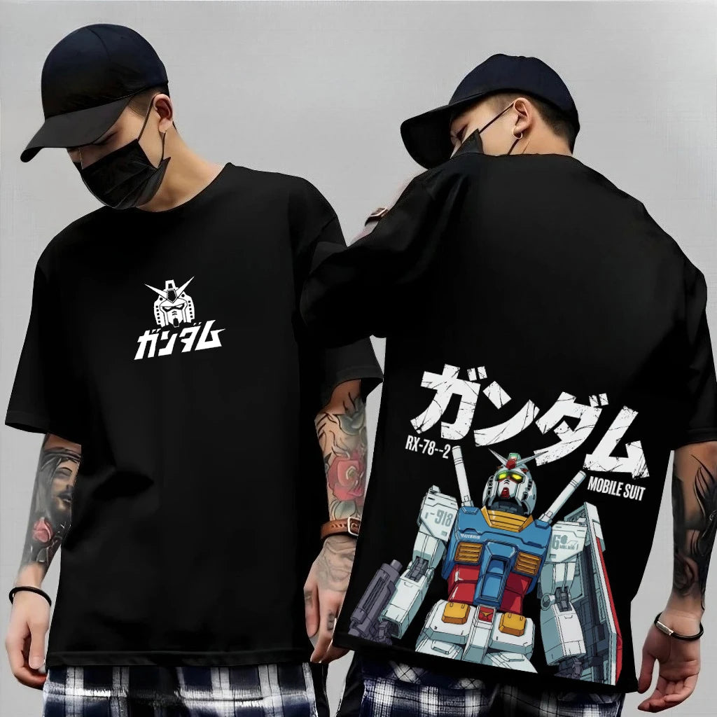 Japanese Anime Mobile Suit RX-78-2 Gundam Summer Short Sleeve Cotton Print T-shirts Men Women Harajuku Y2k Parent-child Tee Tops
