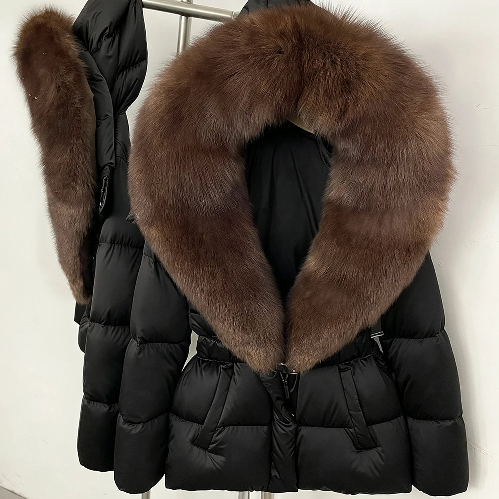OFTBUY New Fashion Winter Clothes Women Duck Down Coat with Big Natural Fur Collar Belt Hooded Real Fox Fur Puffer Jacket Female