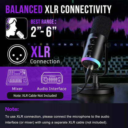 Dynamic Gaming Microphone, XLR/USB Mic Streaming, AI Noise Cancellation, Controlable RGB, Tap Mute, Volume Control