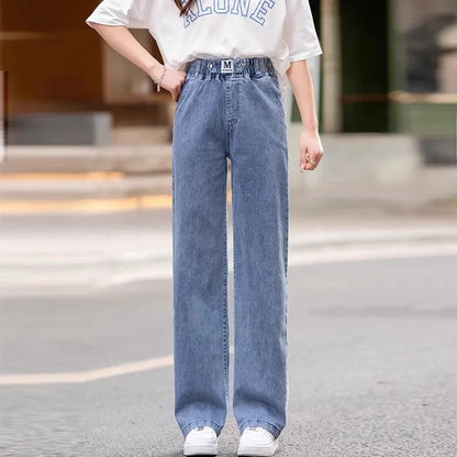Loose Fit High Waist Wide Leg Jeans Women plus Size Light Blue Elastic Waist Dstring Trousers Autumn Faion plus Size