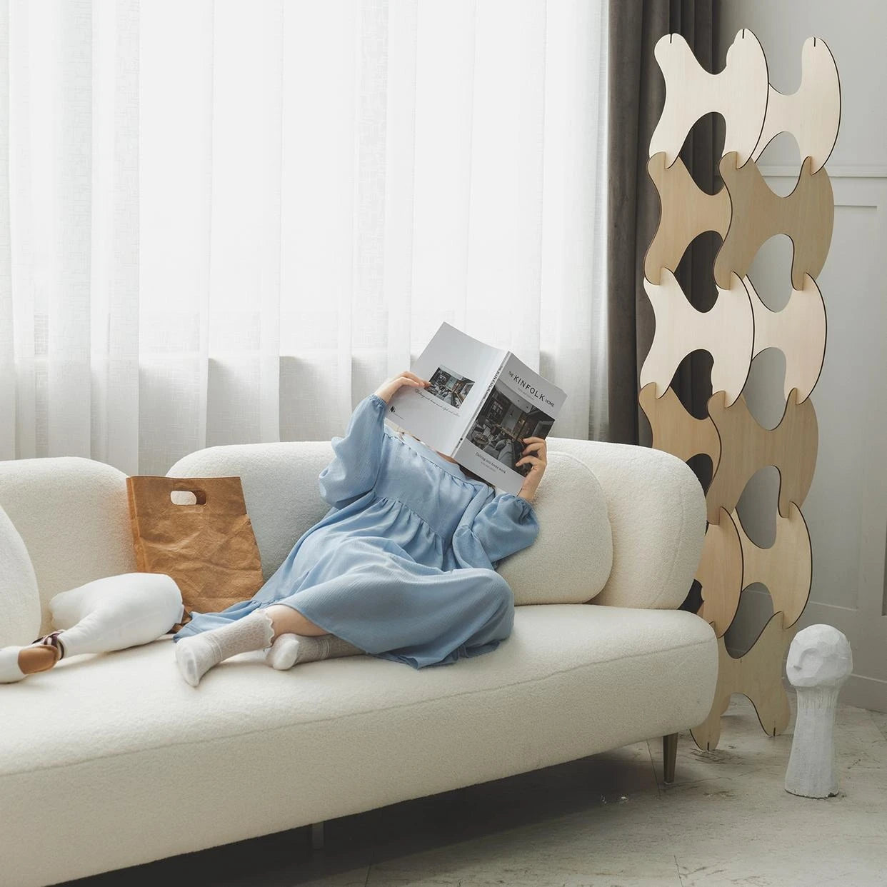 Wabi-sabi wind lamb wool three-person sofa combination light luxury small apartment designer creative beauty reception