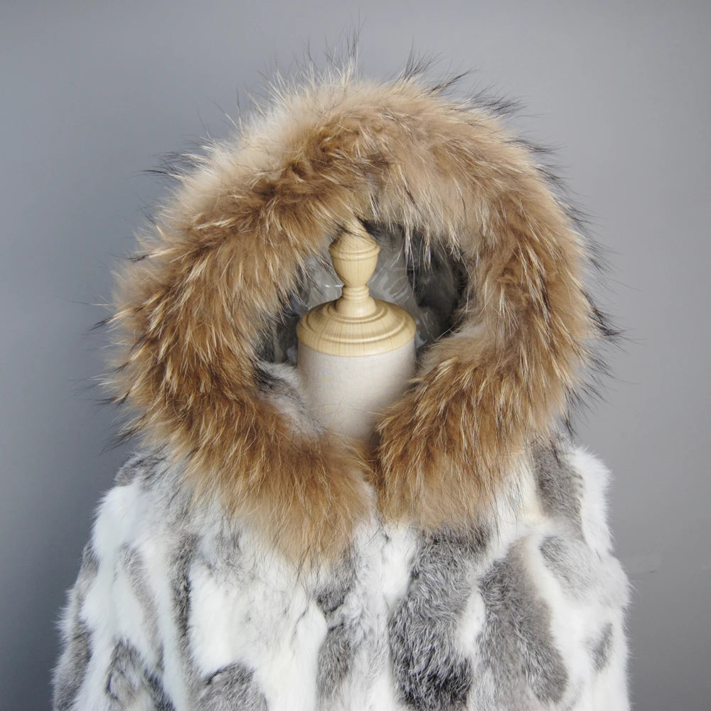 New Russian Women Real Rabbit Fur Coats Winter Warm 100% Natural Rabbit Fur Jacket Lady Warm With Raccoon Fur Hooded Outerwear