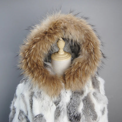 New Russian Women Real Rabbit Fur Coats Winter Warm 100% Natural Rabbit Fur Jacket Lady Warm With Raccoon Fur Hooded Outerwear