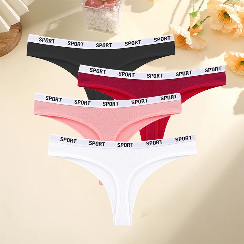 FINETOO 4PCS/Set Women Sexy Cotton Thongs For Women Sport Brand String Underwear Female Soft Coton Tangas Woman Thong Tanga