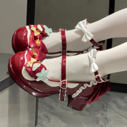 Lovely Girls Pink Lolita Butterfly Knot High Heels Platform Shoes for Women Cute Sakura Dress Mary Janes Beige Size 34-42