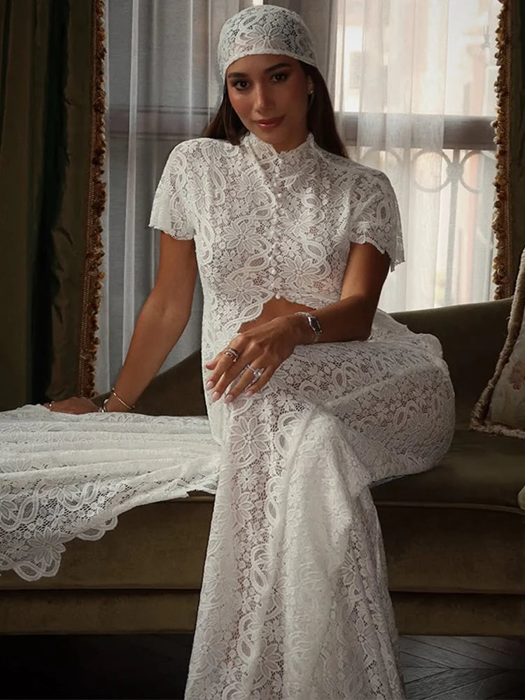 Solid Lace Two Piece Set Round Neck Short Sleeve Cutout Crop Top High Waist Wide Leg Pants 2026 Summer Elegant Party Outfits