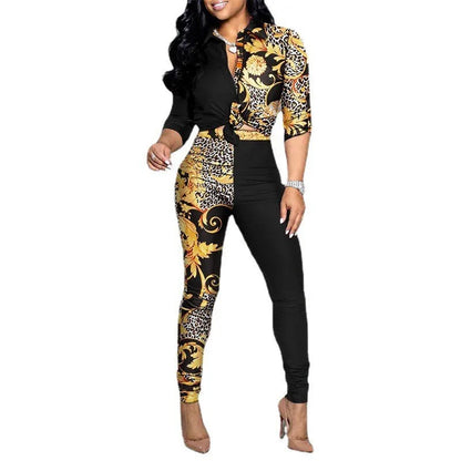 Women's Spring Summer New Set Fashion Color Blocked Printed Long Sleeve Collar Single Breasted Shirt Casual Pants Two Piece Set