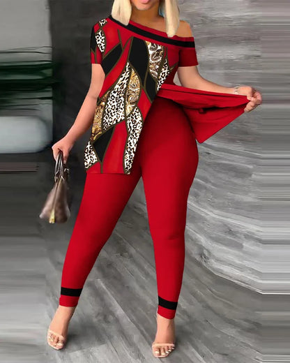 Womens Two Peice Sets Summer Fashion Print Short Sleeve Suit Set Femme Casual Sporty 2Pce One-Shoulder Split Hem Tops &Pants Set