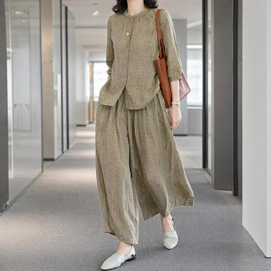 Plus Size Casual Suit Women 2 Piece Cotton Linen Sets, Button Down