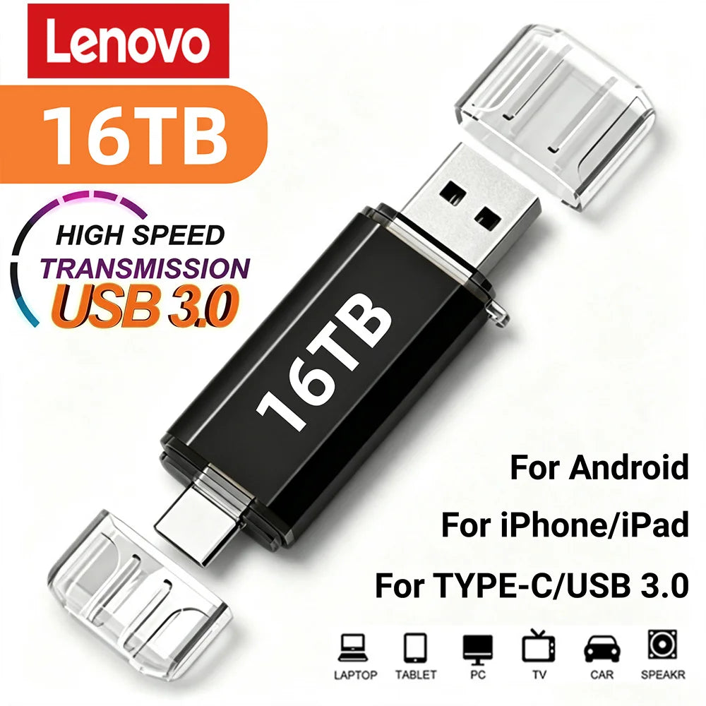 Lenovo 16TB 2 In 1 OTG USB Flash Drive 3.0 Type C 8TB 2TB Pendrive For iPhone Samsung Huawei Xiaomi Android Laptop Memory Stick