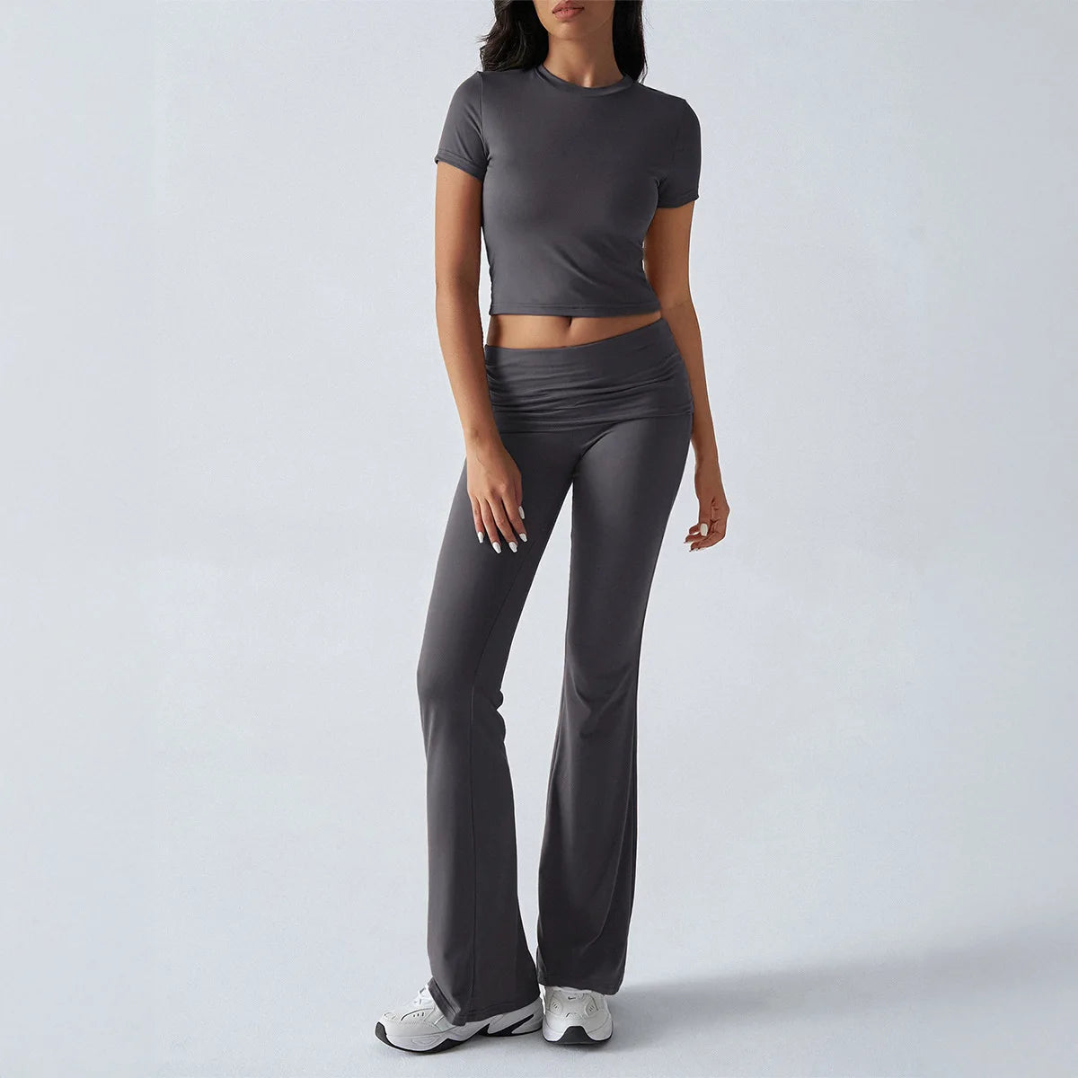 Women's Sexy Tops Suits 2026 Summer Latest Casual Solid Color Yoga Suit Slim Fit Sports Short Sleeved Pants Two-Piece Set Outfit