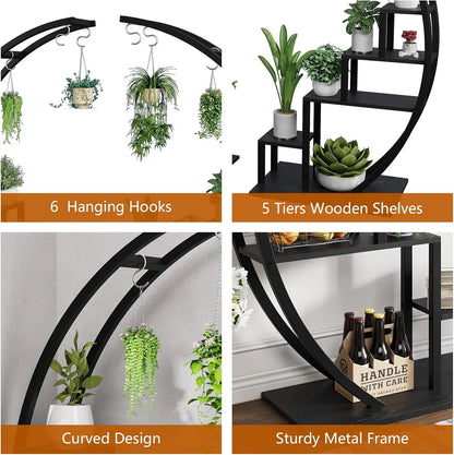 2pcs 5-Tier Metal Plant Stand Indoor Half Moon Shape Tall Garden Plant Holder Round Flower Shelf Rack for Home Patio Lawn Living