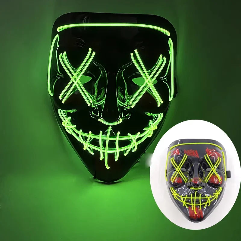 Wireless LED Neon Purge Mask & Fiber Optic Gloves, Scary Glow In Dark Mask for Halloween Carnival Cosplay Bar Birthday Party