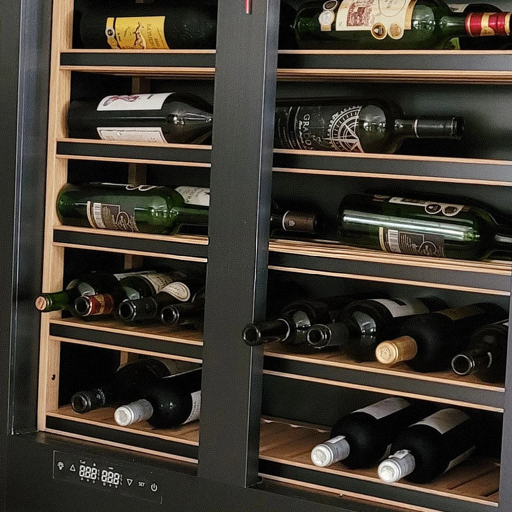 Two Tempered Glass Doors Battery-Powered Heating Function Electric Wine Cooler Cellar Fridge Luxury Beer Red Wine Hotel