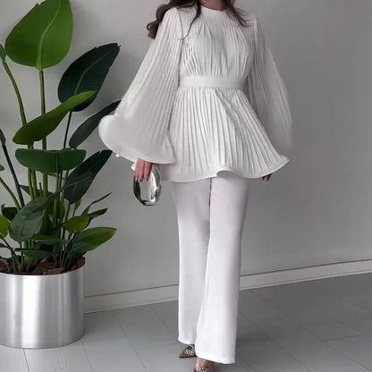 Women's New Autumn Two-piece Set Round Neck Bat-sleeved Pleated Big Swing Frenum Top Temperament Elegant Loose Straight Pants