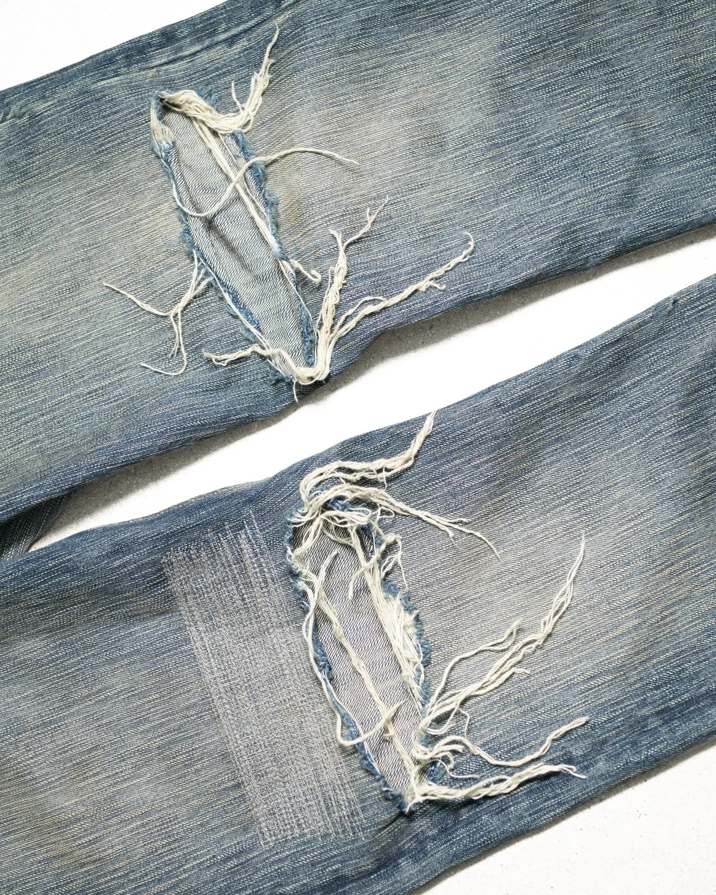 American Hollowed Out and Ripped Design Washed Denim Pants Hip-hop High Street Style Worn Edges Old Straight Leg Wide Leg Pants