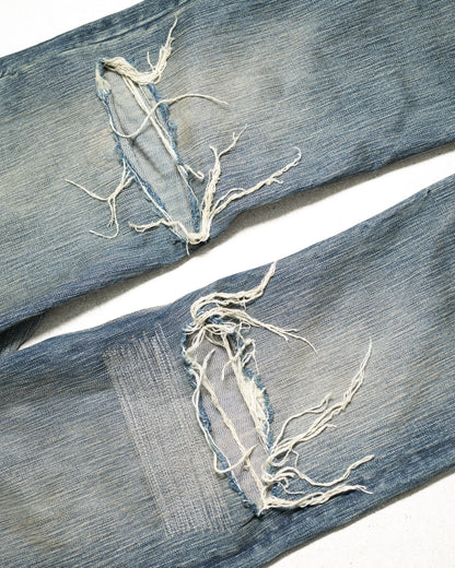 American Hollowed Out and Ripped Design Washed Denim Pants Hip-hop High Street Style Worn Edges Old Straight Leg Wide Leg Pants