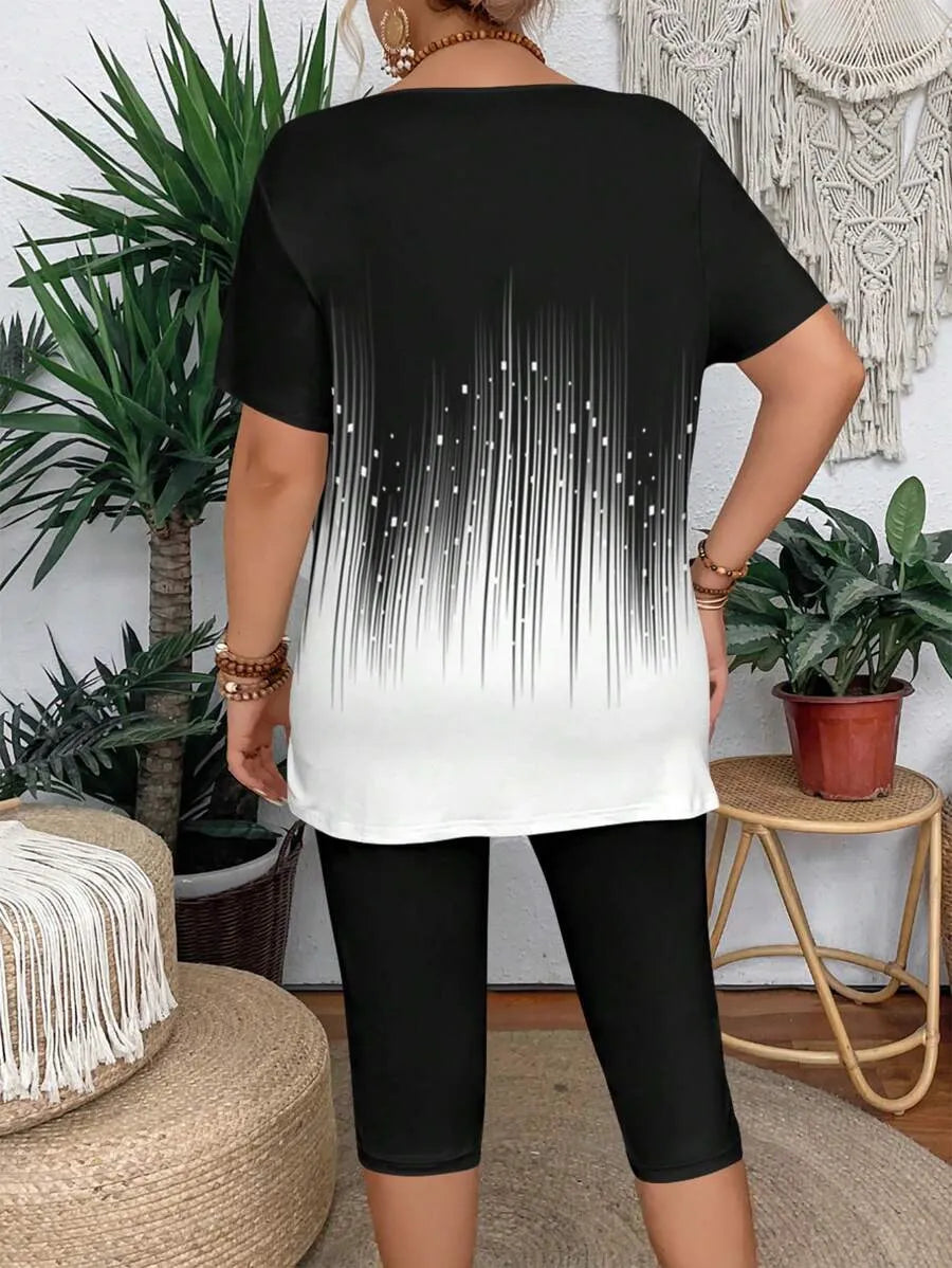 Women's Spring/Summer Fashion Gradient Graphic Print Short Sleeve T-Shirt + Pants Two-Piece Set