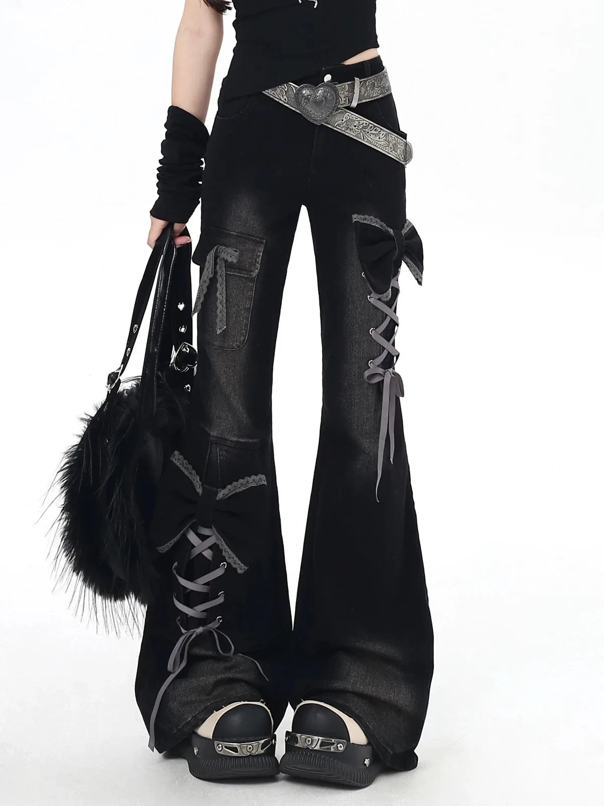 Y2K Bow Jeans Women 3D Design High Waist Slim Fit Flared Pants Spicy Girl